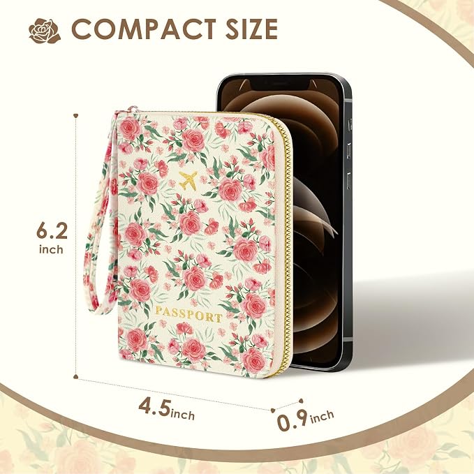 KONVINIT Beige Base Passport Holder For Travel, Passport Cover For Women | Leather RFID Blocking Passport Holder, Cute Passport Wallet with Zipper Closure, Passport Case for Women and Men