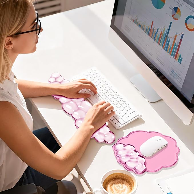Keyboard Wrist Rest Set — Ergonomic Cloud Wrist Rest Keyboard and Mouse Pad, Non-Slip Desk Accessories for Office and Home(Pink)