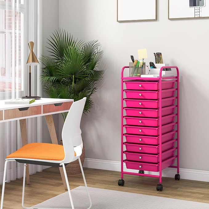 COSTWAY 10-Drawer Rolling Storage Cart, Utility Mobile Trolley | Removable Drawers & Universal Casters & 2 Brakes, Versatile Flexible Drawer Organizer Cart for Home, Office (Hot Pink)