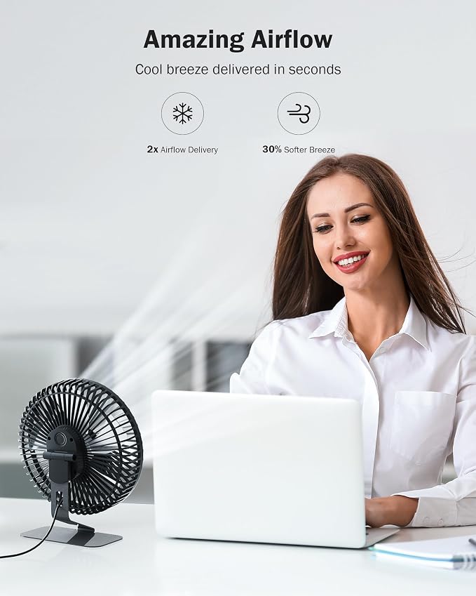 SLENPET 6-inch USB Small Desk Fan, 4 Speeds, Powerful Desktop Table Fan | Ultra-quiet, 90° Adjustment for Better Cooling, Portable Mini Personal Fan for Home Office, Metal Base, Black