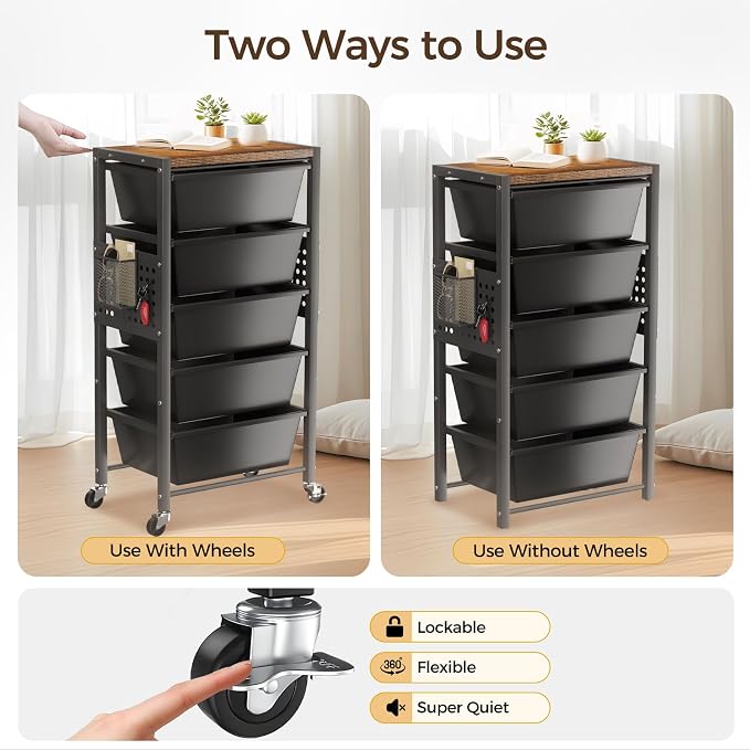 Rolling Cart with 4 Drawers, Plastic Drawer Storage Carts with Wheels & Wooden Tabletop, Metal Utility Cart with Pegboards, Office Living Room Classroom Craft Organization and Storage, Dark Black