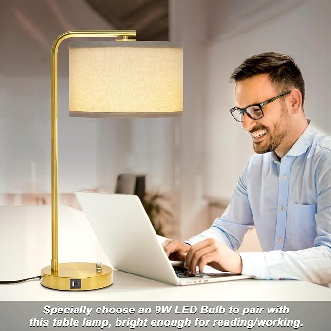 Mordern Gold Table Lamp, Fully Dimmable Bedside Lamp with C+A USB Ports | 25" Tall Nightstand Lamp, Desk Lamp with Beige Drum Shade, Side Table Lamp for Living Room Bedroom Office, LED Bulb Included