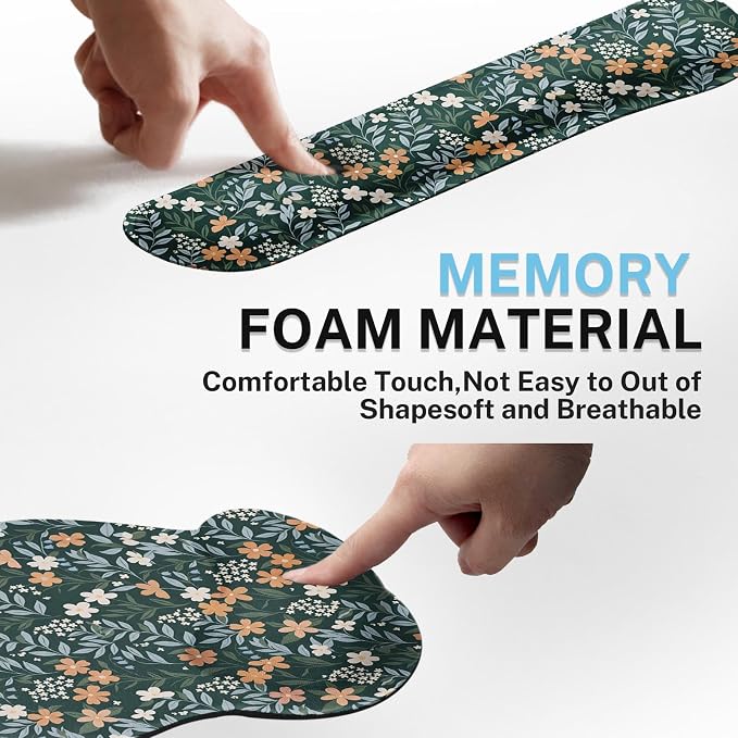 Ergonomic Mouse Pad Set with Wrist Rest, Floral Wildflower | Vintage Green Non-Slip Rubber Base Wrist Cushion Support and Coasters Mousepad with Wrist Support for Computer Keyboard
