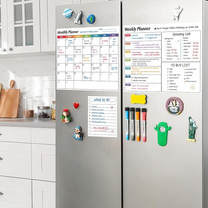 Dry Erase Magnetic Calendar for Refrigerator, 3 Pack- Monthly & Weekly & Daily Planner Magnet Whiteboard for Fridge Wall Door - Shopping, Meal/Menu, to Do List, Family Schedule Planning Board (D)