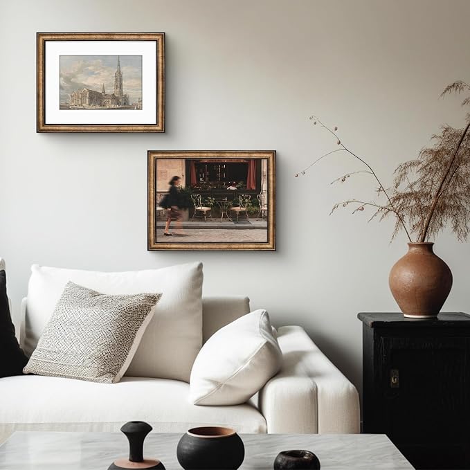 Golden State Art, 12x16 Black Trim Gold Frame - White Mat for 8x12 Photo - Vintage Antique Style - Brushed Texture Finish - Wall Mounting - Portrait/Landscape - Tempered Glass