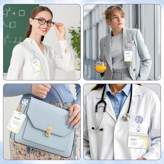 BESARME 3 Pack Badge Reels Retractable Badge Clip with Key Ring Retractable Badge Holders for Office Worker Teacher Nurse Student(Blue Flower)