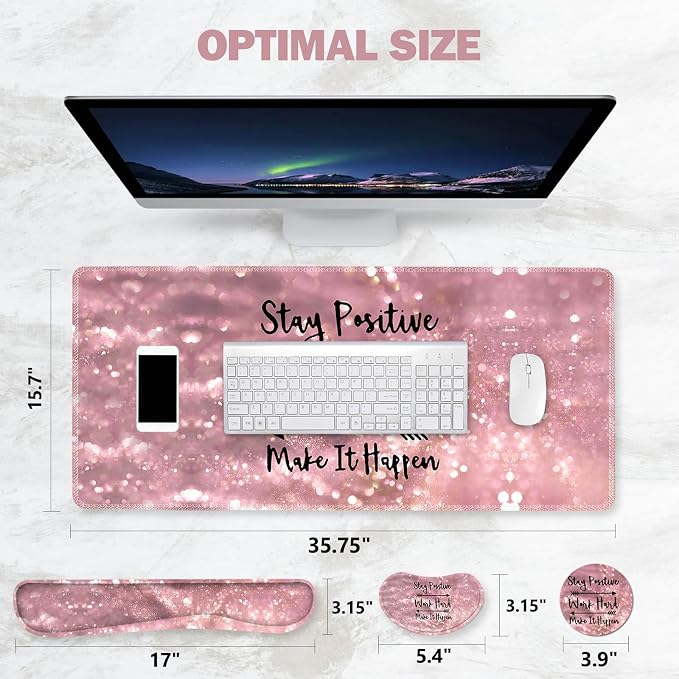 ToLuLu Extended Gaming Mouse Pad, Memory Foam Ergonomic Keyboard Mouse Wrist Rest Support Set, Large Desk Mat with Stitched Edges, Non-Slip Base Mousepad for Home Office Game, Pink Stay Positive