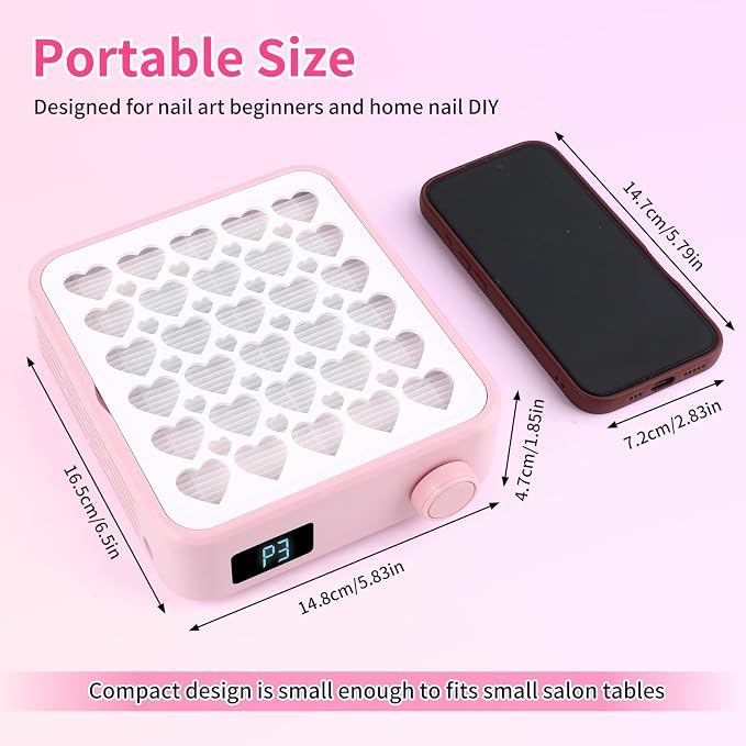 BQAN Portable Nail Dust Collectorwith 4200RPM Fan for Acrylic Nail Pink | 10pcs Filter Papers & Nail Brush Include | Strong Suction | Adjustable Speed | For Acrylic & Gel | Professional & Home Use