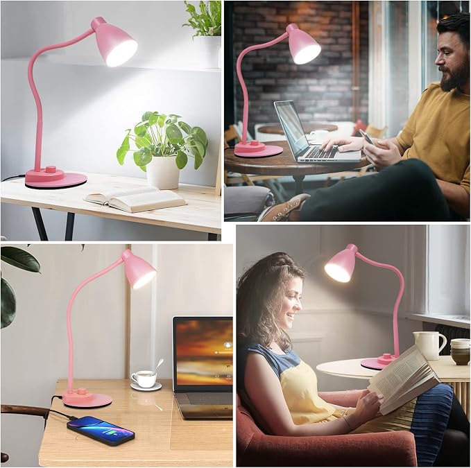 BOHON Cute Desk Lamp with USB Charging Port, 3 Color Modes Dimmable, Pink | Pink Lamp LED Reading Lamp, Flexible Neck Auto Dimming Table Task Light for Home Office Dorm Bedside