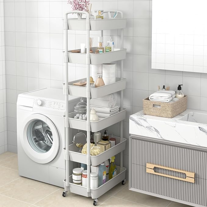 Sywhitta 6-Tier Plastic Rolling Utility Cart with Wheels for Storage,White | Multi-Functional Storage Trolley, for Office, Living Room, Kitchen, Bathroom,Movable Organizer,Space-Saving,Easy to assemble
