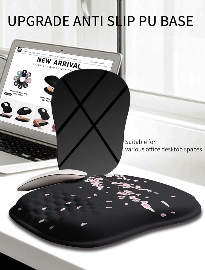 Hokafenle Ergonomic Wrist-hugging Mouse Pad Wrist Support, U-shaped Holding Wrist Rest Mousepad for Carpal Tunnel Pain Relief with Cushioned Memory Foam Slope Massage Bulge (10.2x8.3 in,CherryBlossom)