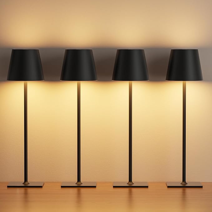 Kakanuo Cordless Rechargeable Table Lamp Black 5000mAh Battery Operated Lamps, 3 Colors Stepless Dimming Touch Lamp for Dining, Living Room, Outdoor Patio, Kitchen Counter, 4 Pack