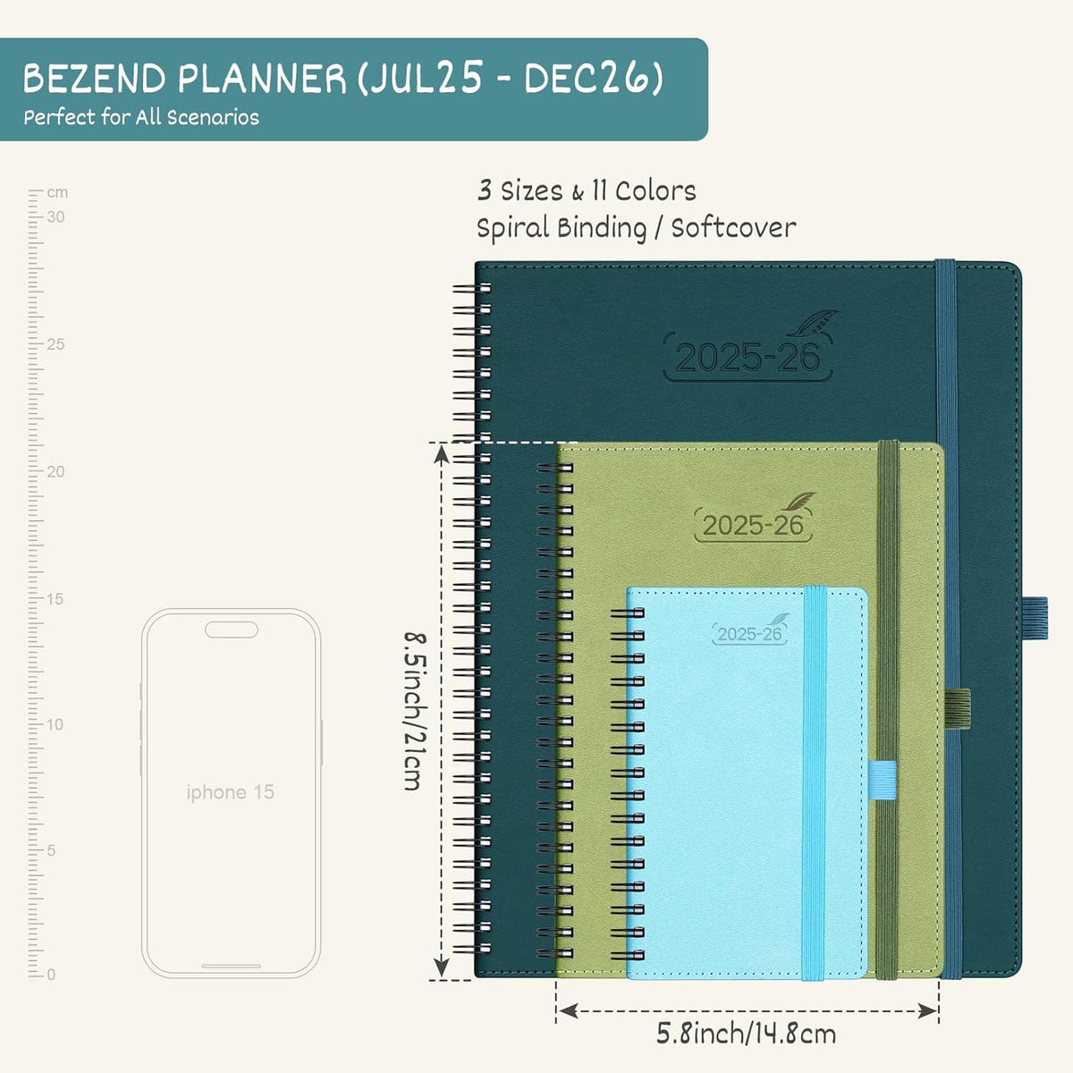 BEZEND Planner 2025-2026 Weekly and Monthly, 5.8" x 8.5" Academic Calendar (Jul 25-Dec 26) Vertical Daily Appointment with Hourly Timeslot & Monthly Tab, Spiral, PU Leather Softcover - Cornflower