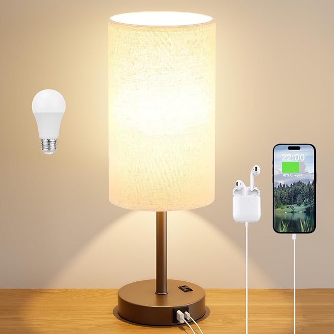 Dicoool 17.4" Bedside Lamp for Bedroom - Dimmable Touch, USB A+C, AC Outlet | LED Bulb Included, 3-Way Dimmable, 17.4" Table Lamp for Living Room, Dorm, Beige Fabric Lampshade, Brown Metal Base