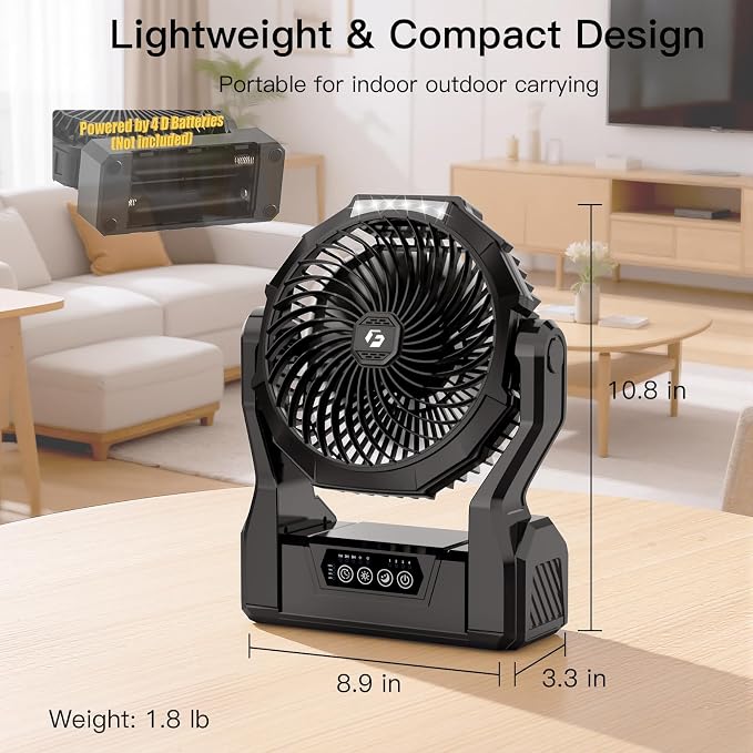 Battery Operated Fan, 2-in-1 D-Cell Battery & USB Powered Portable Fan with 4 Speeds, 3 Timers & 2 Light Modes, Super Long Lasting Camping Fan for Outdoor Tent Travel Picnic Office Bedroom - Black