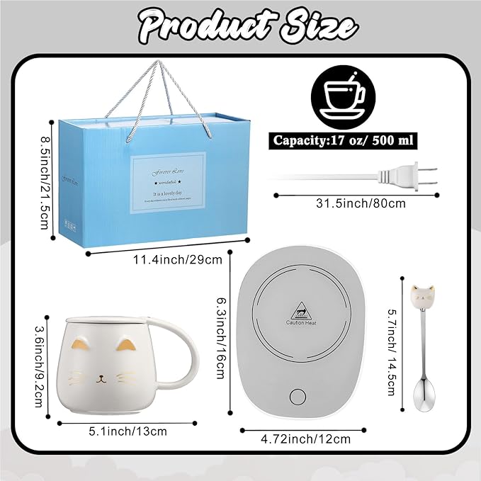 Cat Coffee Cup Coffee Warmer with Mug for Women Electric Mug Heater Temperature Control Ceramic Cute Cat Warmer for Office Valentine' Day Birthday Gift(White)