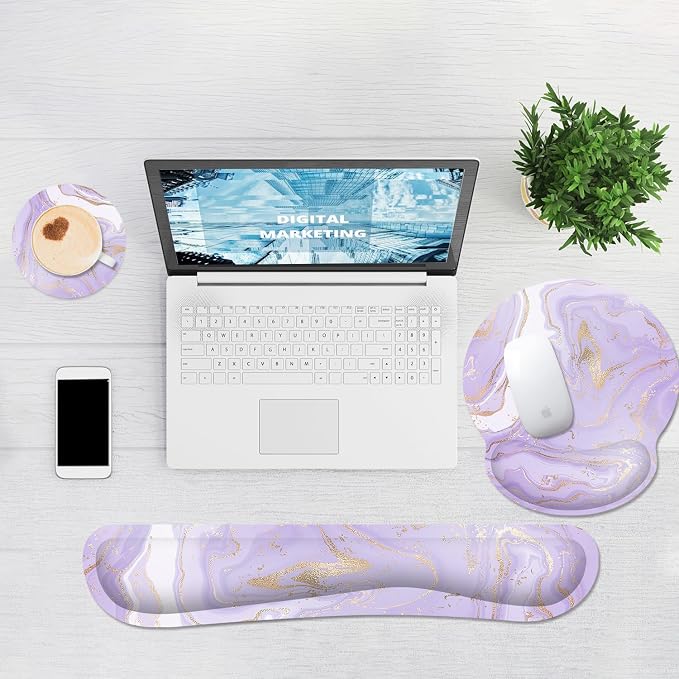 Ergonomic Mouse Pad with Wrist Rest and Keyboard Wrist Rest, Mousepad | Memory Foam Wrist Rest for Computer Keyboard, Pain Relief, Non-Slip Base, Mouse Pad Wrist Support for Gaming, Purple Marble
