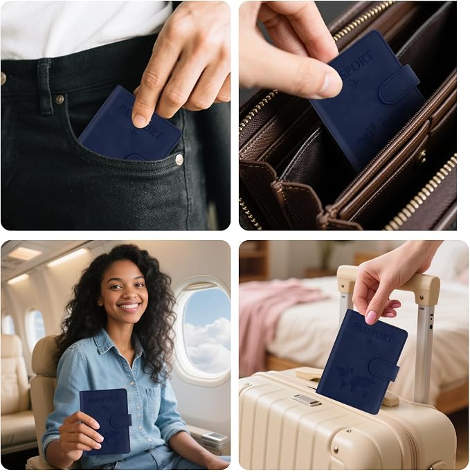 Passport Holder for Travel Essentials, Dark Blue Leather Passport Cover, Passport Wallet Holders for Women Men Family Travel Gifts Must Have Accessories, Credit Card Cash Air Ticket Storage Supplies