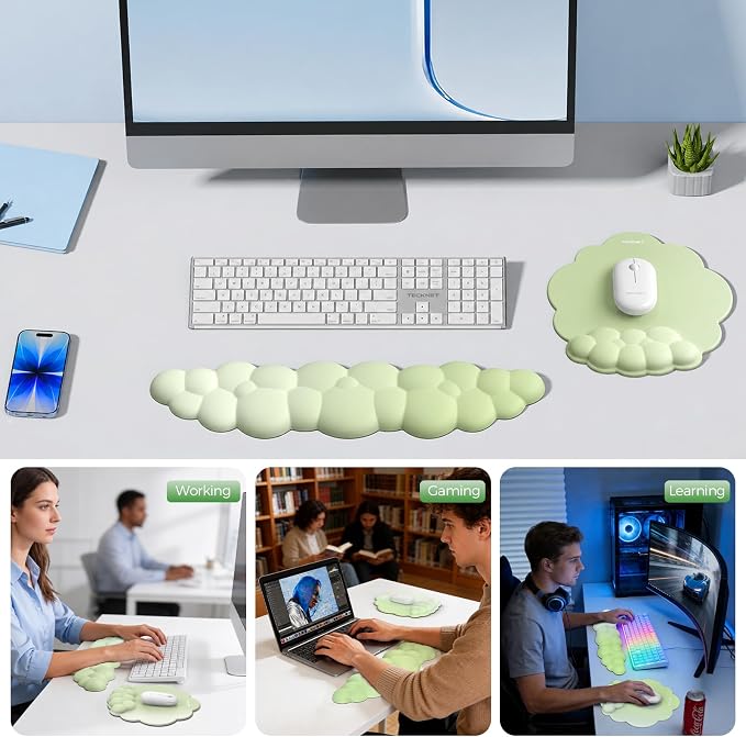 TECKNET Cloud Wrist Rest & Ergonomic Mouse Pad, Cloud Keyboard Wrist Rest with Non-Slip Base, PU Leather Memory Foam Wrist Pad for Keyboard and Mouse, Pain Relief for Typing, Gaming, Green