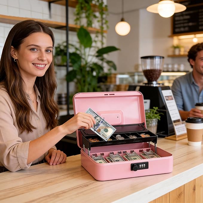 Jssmst Locking Metal Cash Box with Coin Lid, 11.8L x 9.5W x 3.5H Inches, Safe Money Box with Combination Lock, Pink, SM-CB0516P