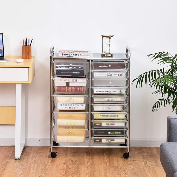 RELAX4LIFE 15-Drawer Rolling Storage Drawer Cart Organizer | 34.5"H Chrome Frame, Semi-Transparent Clear Drawers Rolling Wheels; School Office Home Salon Multipurpose Utility Storage