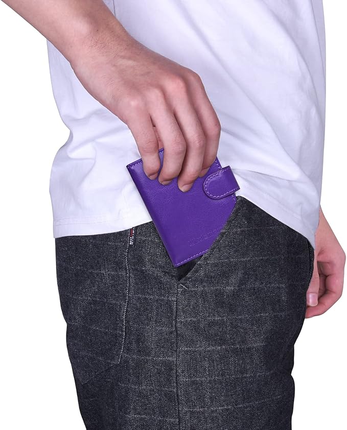 Wisdompro Credit Card Holder, RFID Blocking Wallet Debit Card Protector | Slim Leather Credit Card Organizer Case, Card Case with Magnetic Closure, 20 Card & 7 Memory Card Slots - Vertical Purple