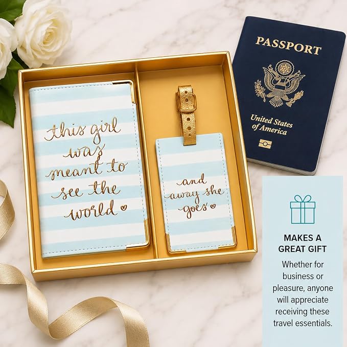 WORD TRAVELER Passport Cover Holder And Luggage Tag Set In Gift Box | Faux Material, Adjustable Buckle Strap, Privacy ID Window, Slim Lightweight Build for Easy Carry