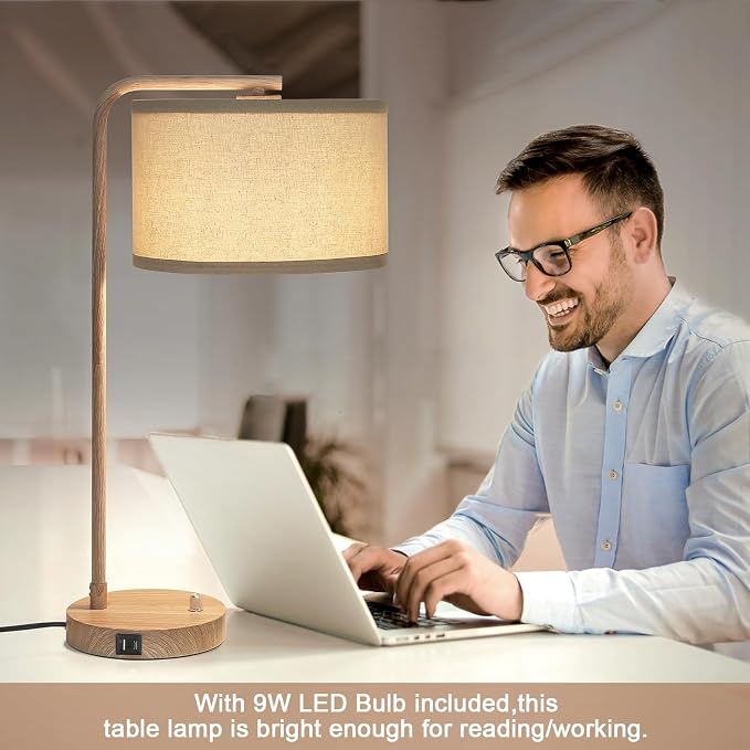 Farmhouse Table Lamp, Fully Dimmable Tall Bedisde Lamp with USB C+A Ports | 25" Modern Nightstand Lamp with Wood Grain Metal Base, Desk Reading Lamp for Living Room Bedroom Office, LED Bulb Included