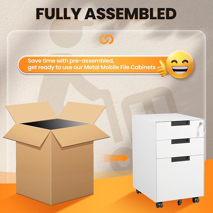 3 Drawer File Cabinet with Lock, Fully Assembled Metal Mobile Filing Cabinets for Home Office, Small Rolling File Caninet on Wheels for Legal/Letter / A4 File, White