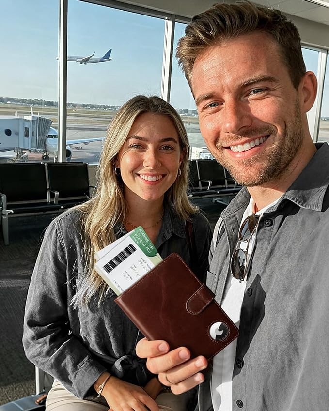 Passport Holder for Travel: Full Grain Leather Passport Cover with Airtag Holder Magnetic Buckle for Men - RFID Blocking Bifold Wallet for Air Ticket Card Cash Coin (Brown)