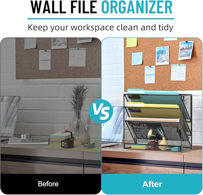 Wall File Organizer Mesh Office Mail Holder, Hanging Wall Organizer Magazine Rack for Office Black, 4 Tier