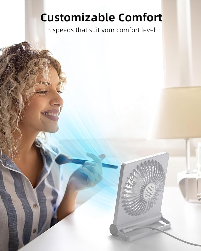 Koonie USB Desk Fan, Strong Wind Ultra Quiet Small Mini Fan | 220° Tilt Folding & 3 Speeds Adjustable, USB-C Powered Personal Fan for Home Office Desktop, White, NO BATTERY