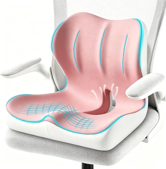 Seat Cushion for Office Chair and Car, Ergonomic Memory Foam Seat Cushion with Lumbar Support Pillow, Orthopedic Cushion for Sciatica & Back Pain, Pink & Light Gray