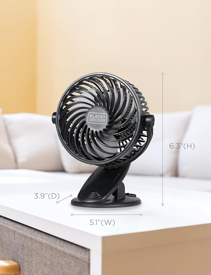 BLACK+DECKER 4" Convertible Cooling Fan, 3-Speed, Type-C USB, 2-Pack, Black | Table Clip and Standing Fan for Home or Office, Portable for Tabletop with 3 Speed Settings and Adjustable Tilt Angle, 2-Pack