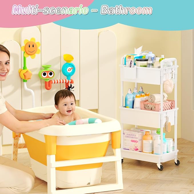 SUNALLY Baby Diaper Caddy Cart,3 Tier Rolling Diaper Cart for Nursery,White | Large Capacity & Easy Assemble Diaper Storage Organizer with Lockable Wheels for Newborn, New Mom, Baby Girl Boy Essentials