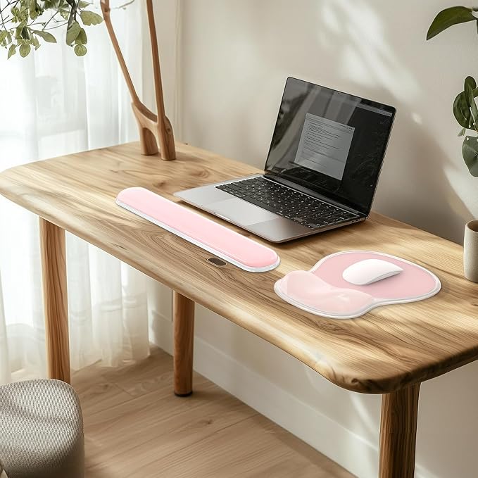 AKIT Ergonomic Mouse Pad with Wrist Rest&Keyboard Wrist Rest Set, Gel, Pink | Wrist Support for Computer Keyboard, Non-Slip PU Base, Pain Relief, Typing Comfort, Mousepad for Gaming, Office, Home