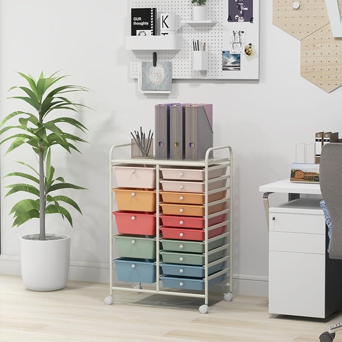 GLACER 15 Drawers Rolling Storage Cart, Steel Frame Craft Organizer Cart | Utility Cart w/Lockable Wheels & Sleek Handle, Mobile Art & Tool Supply Trolley for Teacher, Home, School, Office (Colorful)