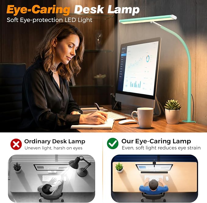 Airlonv LED Desk Lamp with Clamp, 17" Stepless Dimming Light, Mint Green | 2700K-6500K, 100 LEDs, 360° Gooseneck, Fits Up to 30" Monitors, Flicker-Free Lighting for Home Office, Study& Workbench