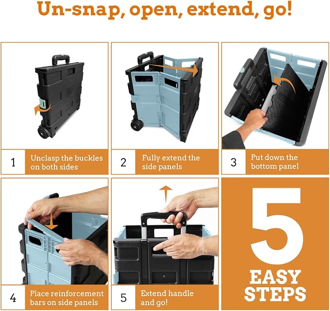 Ultra-Slim Rolling Collapsible Storage Pack-N-Roll Utility-carts, with Telescopic Handle, for Home, Garden, Shopping, Office, School use, Large, Baby Blue & Black