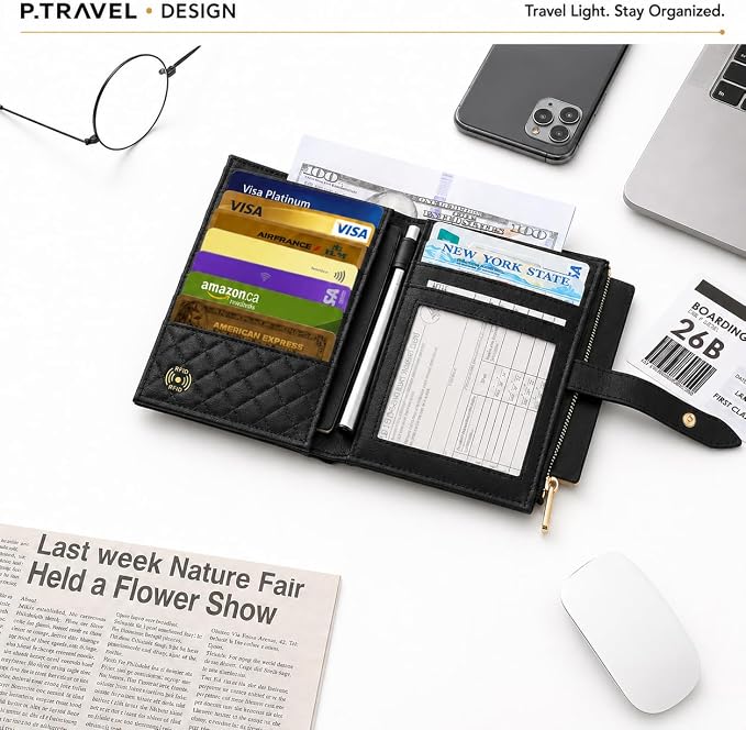 Passport Holder for Travel,Leather Passport Wallet,Travel Document Organizer with AirTag Slot,RFID Blocking With Credit Cards Case,Zippered Coins Pocket and Cash Slot for Women Men