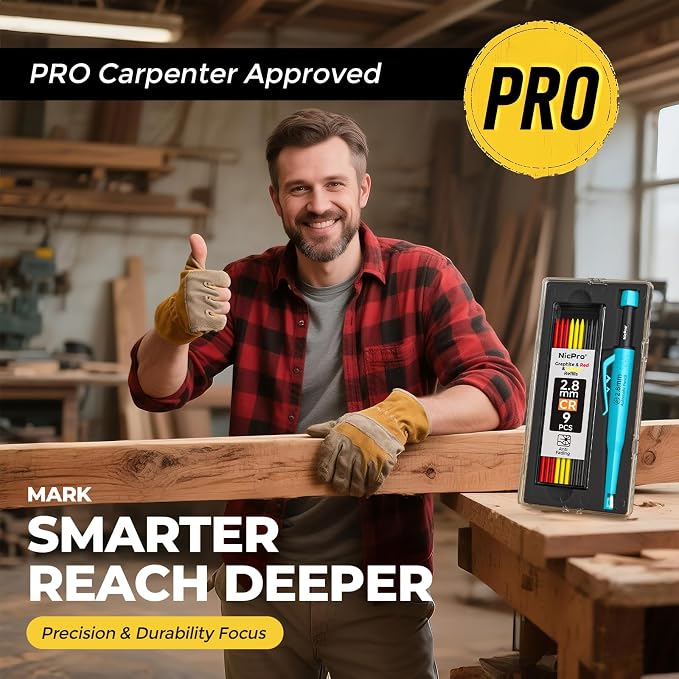 Nicpro Carpenter Pencil with Sharpener, CP3000 Carpenter Mechanical Pencils with 19 Refill, Deep Hole Marker for Construction, Heavy Duty Construction Pencil, Woodworking Tool for Marking - Blue