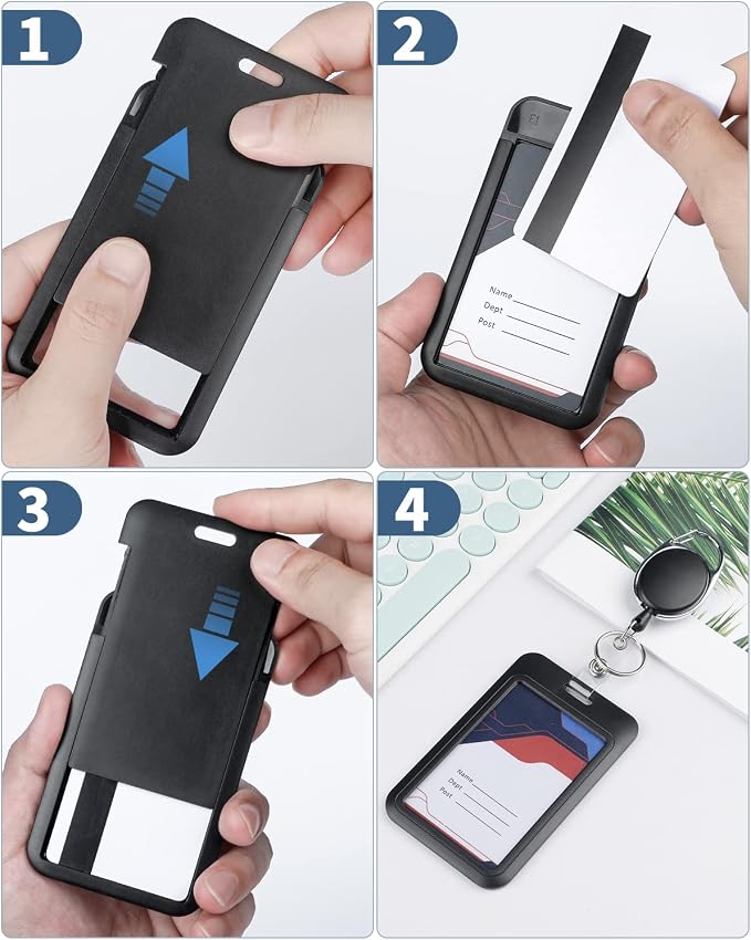 Uniclife 3 Pack Sliding Badge Holders with Reel for Office IDs | hard black sliding holders with retractable reels and carabiners keep office IDs, credit cards and key cards ready.