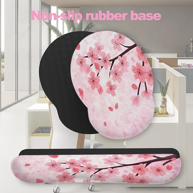 Cherry Blossom Pink Flower Mouse Pad with Wrist Rest Set, 3-in-1 Wrist Support Mousepad Set, Gaming Mat Pad with Anti-Skid Base,Ergonomic Memory Foam Mouse Pad Set for Women, Office, Typing, Gaming
