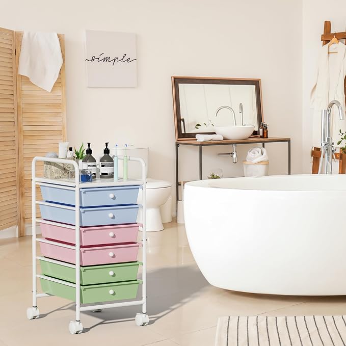 Rolling Storage Cart with Drawers 6-Tier Office Colorful | Utility Cart with 6 Drawers & 2 Lockable Caster Wheels, Multipurpose Mobile Drawer Cart for School Bathroom Kitchen
