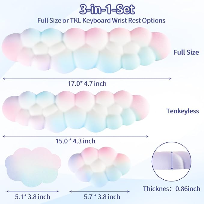 Cloud Wrist Rest Keyboard, Cloud Keyboard Wrist Pad Set with PU Leather Memory Foam, Cute Arm Rest for Palm Support, PC/Gaming Desk Accessories/Office Setup/Computer Hand Cushion - Rainbow