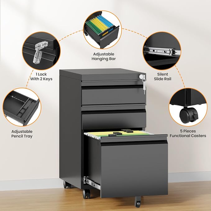 3 Drawer File Cabinet, Fully Assembled Mobile File Cabinets with Lock for Home Office, Metal Rolling Filing Caninet on Wheels, Three Drawer Under Desk Cabnet for Letter/Legal / A4 - Black
