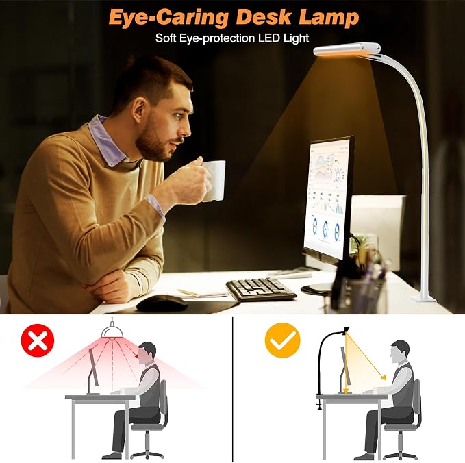 Airlonv LED Desk Lamp with Clamp, 17" Stepless Dimming Light, White | 2700K-6500K, 100 LEDs, 360° Gooseneck, Fits Up to 30" Monitors, Flicker-Free Lighting for Home Office, Study& Workbench