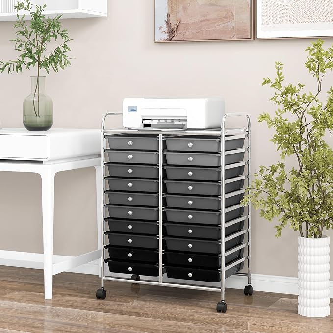 COSTWAY 20-Drawer Rolling Storage Cart, Utility Storage Organizer Cart | For Tools, Scrapbook, Paper, Craft, Multipurpose Storage Trolley on Wheels for Home Office School (Mixed Black)
