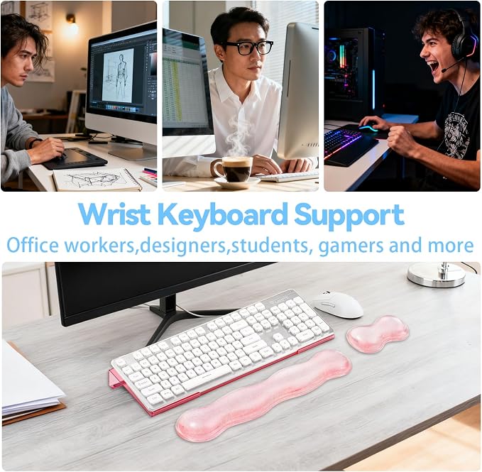 Pink Acrylic Ergonomic Keyboard Stand with Clear Gel Wrist Rest | for Desktop Clear Keyboard Holder with Soft Wrist Support, Aesthetic Desk Accessories for Office, Gaming & Home