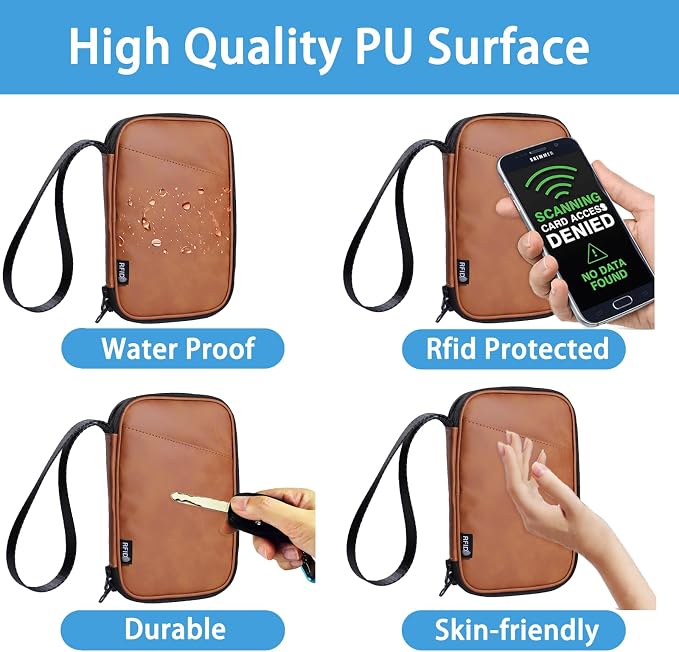 Lagre Family Passport Holder for 4, Brown | Multiple Passport Bag, RFID Blocking, Waterproof with Zipper, For Travel